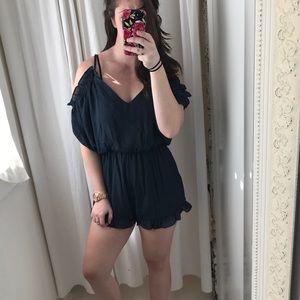Cold shoulder navy blue ruffle romper
